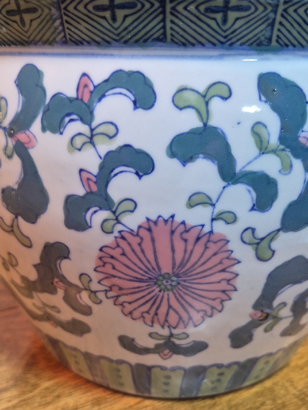 Vintage White Ceramic Planter with Green and Pink Floral Motif - Picture 8 of 14